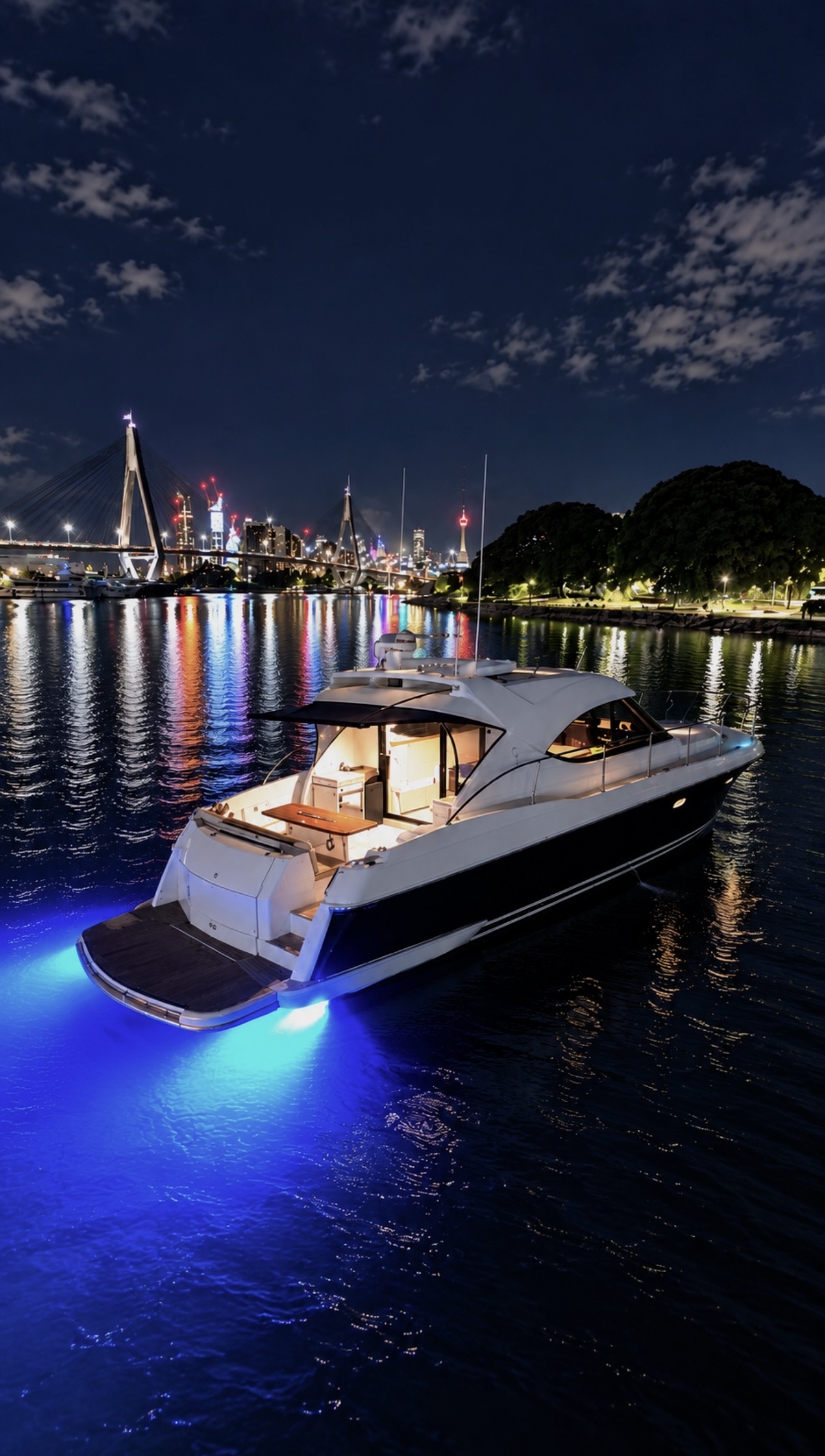Signature illuminated during a night charter